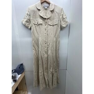 Stonebridge Petites Linen Button Down Lace Up Back Dress Beige 8P Vintage